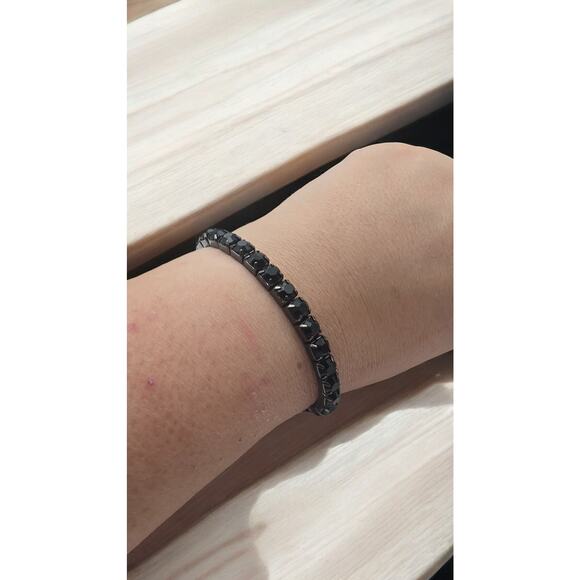 Black Rhinestone Tennis Style Stretch Bracelet - Picture 3 of 7